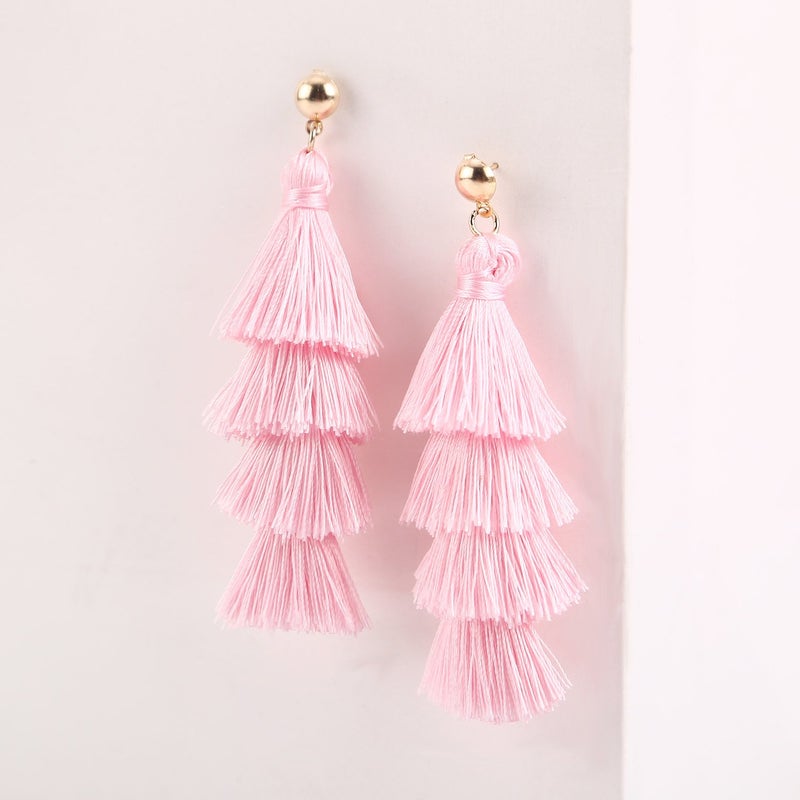 BaubleStar Fashion Tassel Dangle Earrings for Women Layered Long Bonita Tiered Pink Thread Tassel Drop Statement Jewelry - Image 4
